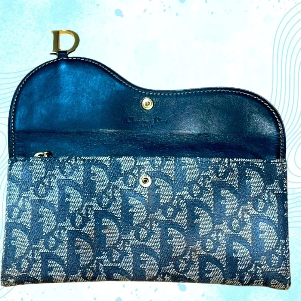 Dior Paris Vintage Diorissimo Saddle Flap NavyBlue Denim Oblique Jacquard wallet